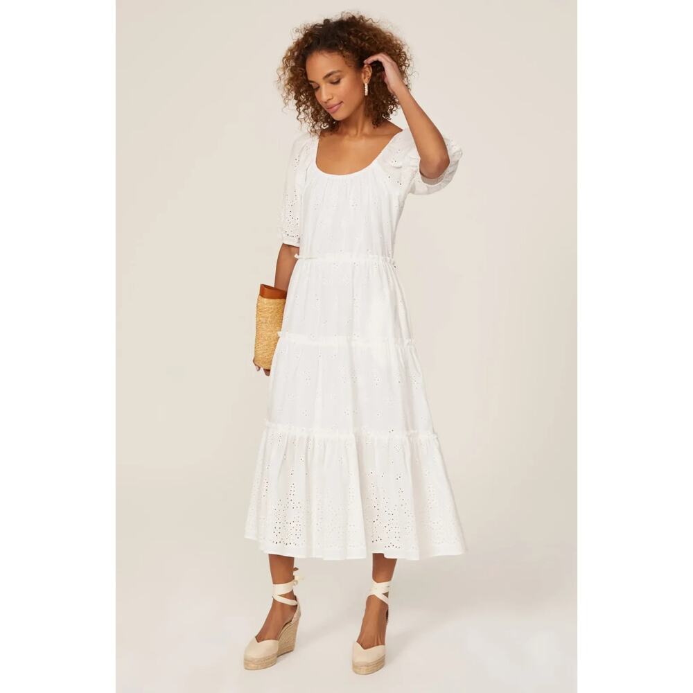 Fifteen Twenty Tiered Puff Sleeve Eyelet Dress Cotton White, Size S, Rt. $308